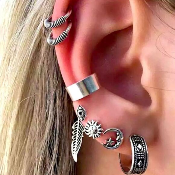 Silver Antique Post Earrings Multiple Ear Cuff Set - Picture 1 of 4